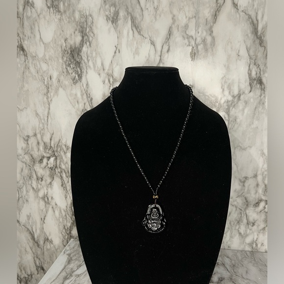 obsidian Black  Hand Carved Maitreya Buddah Pendant Necklace - Picture 1 of 8